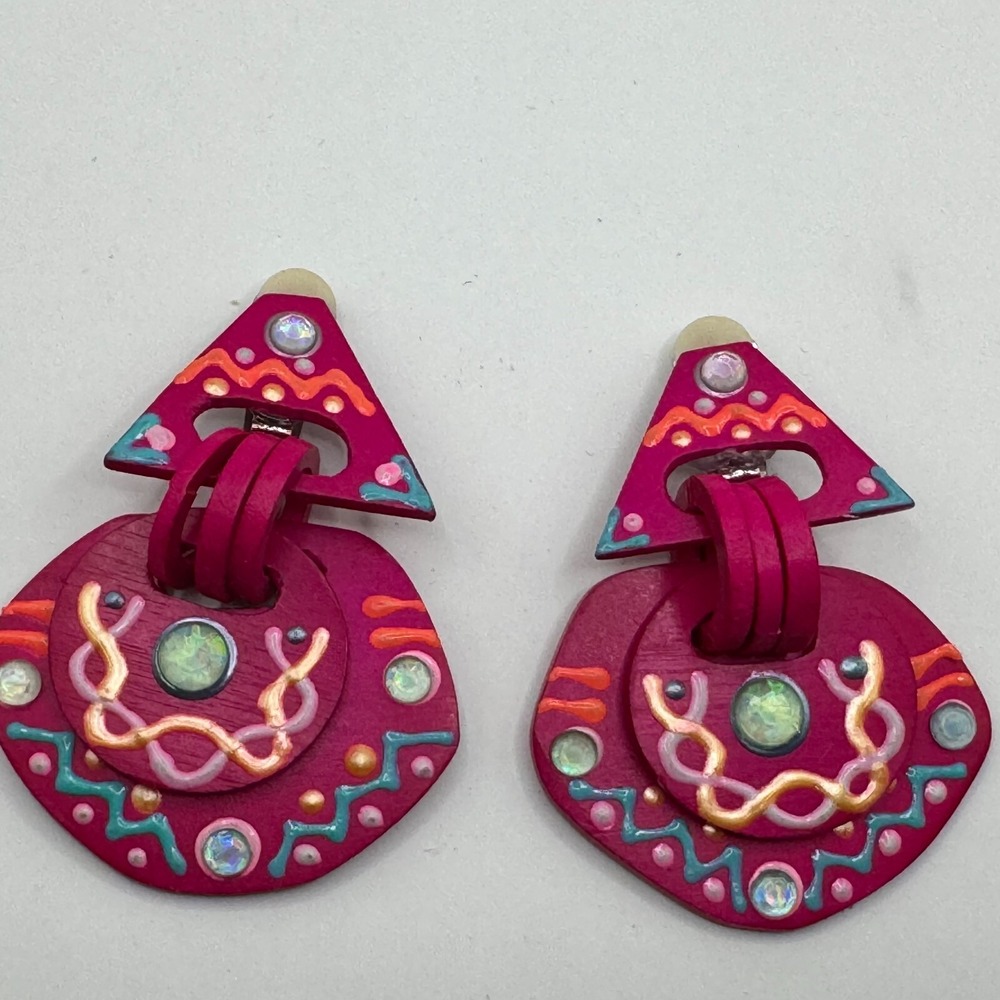 Vintage Carol For Eva Graham Clip On Earrings Large Dangle Bright Pink Geometric - Picture 3 of 10
